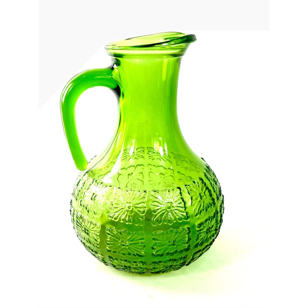 Vintage Green Glass Pitcher Embossed Floral Daisy Pattern MCM Made in Italy Vase